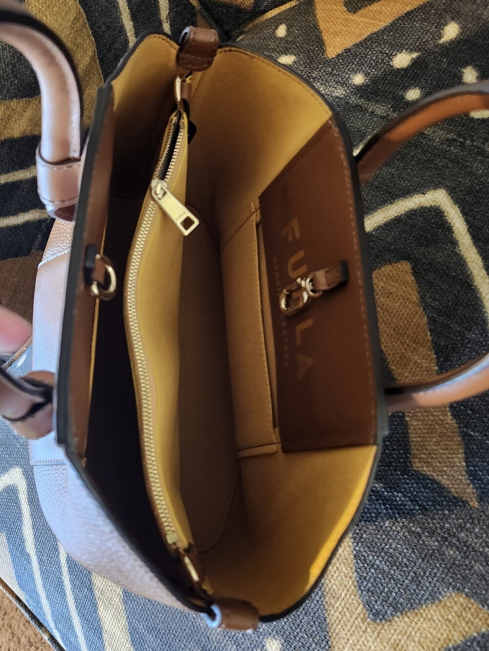 Furla Gilda Cognac Brown Leather Mini Tote Handbag NWOT Mustard Suede Giftable - Picture 7 of 10